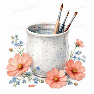 May include: Watercolor illustration of a white speckled ceramic jar filled with water and three paintbrushes. The jar is surrounded by peach-colored cosmos flowers and small blue forget-me-nots. The image has a soft, artistic feel.
