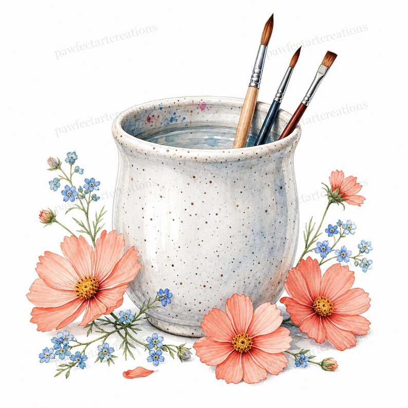 May include: Watercolor illustration of a white speckled ceramic jar filled with water and three paintbrushes. The jar is surrounded by peach-colored cosmos flowers and small blue forget-me-nots. The image has a soft, artistic feel.