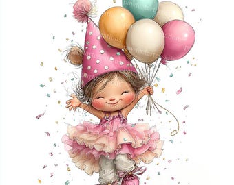 22 Cute Birthday Girl Clipart, Whimsical Kids Graphics, Quirky Girl, Printable Watercolor JPGs, Papercraft, Junk Journal