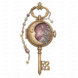 May include: A gold-toned decorative key featuring a circular locket head with a crescent moon face and a purple starry sky background. The key is adorned with a dangling chain of purple and clear beads and small gold star charms, with ornate filigree.