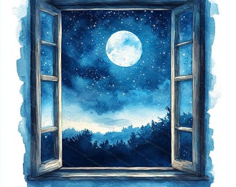 月明かりに照らされた窓の水彩画クリップアート：夜空の風景（デジタル