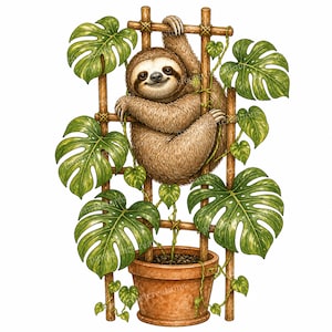 Puede incluir: Un perezoso marrón con cara sonriente se aferra a un enrejado de madera dentro de una maceta de terracota. El enrejado está cubierto de hojas verdes de monstera y plantas trepadoras con hojas en forma de corazón, creando una ilustración.