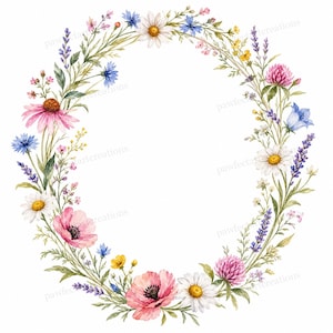 May include: A watercolor illustration of an oval wreath composed of various wildflowers including pink poppies, white daisies, blue cornflowers, purple lavender, and clover blossoms with green stems and leaves arranged in a circular pattern.