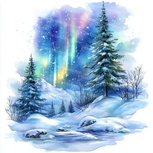 16 Clipart di aurore boreali, pini, clipart di aurora boreale, acquerello stampabile, JPG di alta qualità, carta, diario spazzatura, artigianato digitale