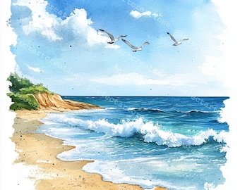 Coastal Watercolor Clipart: Beach & Ocean Art (Digital Download)