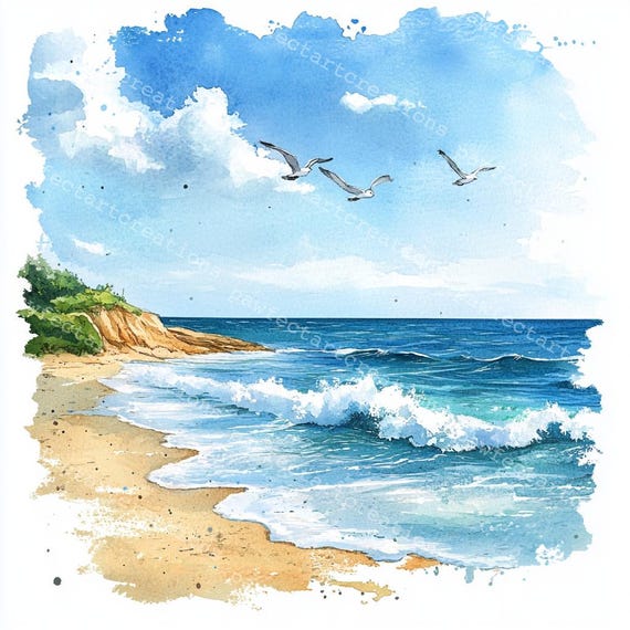 海岸の水彩画クリップアート：ビーチと海のアート（デジタル