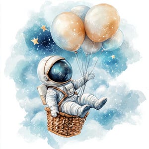 10 clipart de balão de ar quente de astronauta, cartão de aniversário, aquarela para impressão, JPGs de alta qualidade, diário de lixo de papel, artesanato digital