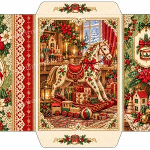 May include: A flat-lay paper envelope template featuring a Christmas theme with a rocking horse, toy train, drum, and poinsettia flowers. The design includes intricate lace borders, red ribbons, and festive greenery on a cream-colored background.