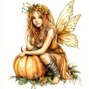 May include: A fairy with orange wings and a flower crown sits on a large orange pumpkin. She is wearing a brown dress and has a butterfly on her shoulder.