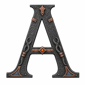 May include: A decorative letter A featuring a dark gray hammered metal texture with copper-colored accents, including small rivets, ornate scrollwork, and a central diamond-shaped orange gemstone set within the horizontal crossbar of the letter.