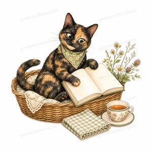 20 Cottagecore Reading Cats Clipart