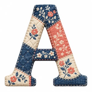 May include: A capital letter A constructed from quilted fabric patches. The design features a mix of dark blue denim-textured fabric, cream-colored fabric, and coral-red fabric, all decorated with embroidered floral patterns and stitching.