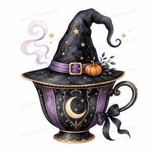 20 Spooky Witch Hat Teacups Clipart, Halloween Tea Party Watercolor JPGs for Digital Download and Commercial Use
