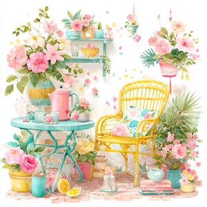 20 zomertuinscène clipart, rieten stoel en bloemen, huiveringwekkende hoek, afdrukbare aquarel, hoogwaardige JPG's, Papercraft, Junk Journal