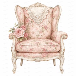 May include: A wingback armchair upholstered in a light pink fabric with a floral pattern. The chair features a distressed white wooden frame with carved details, a white lace doily draped over the back, and a cluster of pink roses on the left arm.