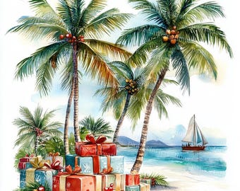 Tropical Christmas Palms Watercolor Clipart: Holiday Card Design (Digital Download)