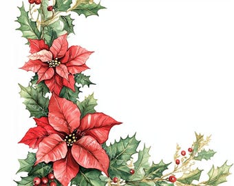 ポインセチアのボーダークリップアート：水彩画のクリスマスカード