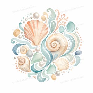 May include: Watercolor illustration of a circular arrangement featuring seashells, pearls, and sea elements. The design includes a large, fan-shaped shell in peach, spiral shells, and flowing blue and green water-like shapes, with scattered pearls and pebbles.