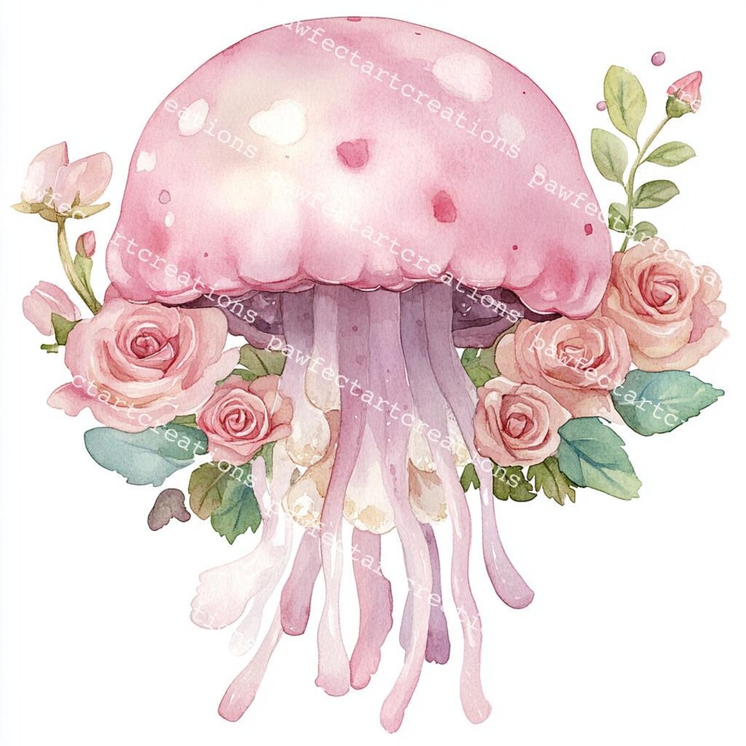 花のクラゲのクリップアート：水彩画の海の生き物アート、ジャンク