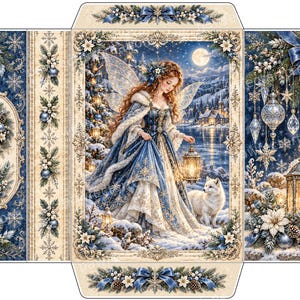 May include: A flat-lay envelope template featuring a central illustration of a winged figure in a blue and white gown holding a lantern beside a white wolf in a snowy landscape. The design includes blue bows, ornaments, and poinsettias.