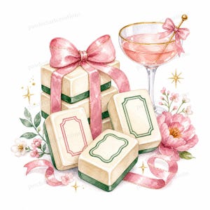 May include: Watercolor illustration of a stack of gift boxes tied with a pink ribbon and bow, alongside mahjong tiles, a cocktail, and flowers. The mahjong tiles are cream-colored with green and pink accents. The cocktail is in a coupe glass with a pink bow.