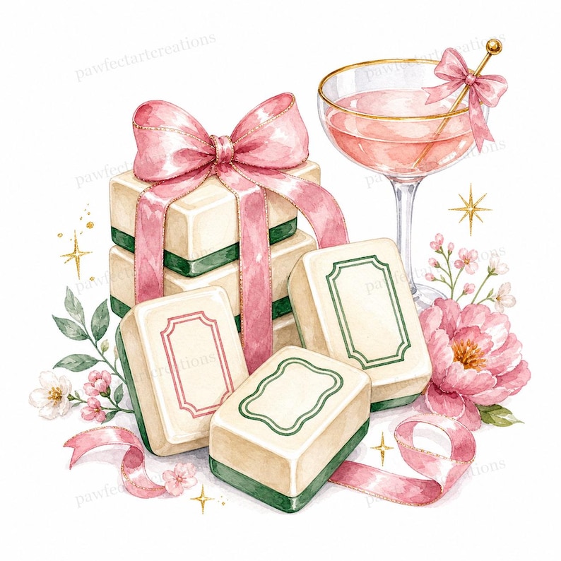 May include: Watercolor illustration of a stack of gift boxes tied with a pink ribbon and bow, alongside mahjong tiles, a cocktail, and flowers. The mahjong tiles are cream-colored with green and pink accents. The cocktail is in a coupe glass with a pink bow.