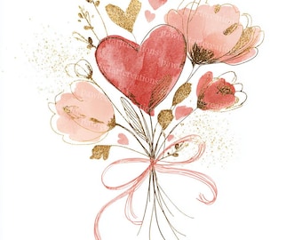 May include: Watercolor illustration of a bouquet featuring a large red heart, pink flowers, and smaller hearts. Gold glitter accents and a pink ribbon complete the design. The artwork is on a white background, perfect for Valentine's Day or romantic occasions.