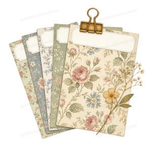 May include: A set of five rectangular paper cards arranged in a fan shape, each featuring floral patterns in muted tones of pink, blue, and green. A metallic gold binder clip secures the top of the cards, which include blank white labels.