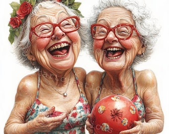 10 Funny Old Ladies Clipart, Best Friends, Printable Watercolor, High-Quality JPGs&PNGs, Papercraft Junk Journal, Digital Craft