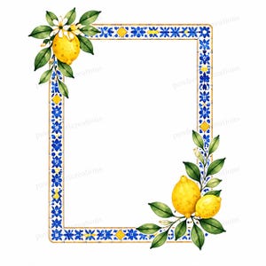 Può includere: Una cornice rettangolare con un bordo a motivo di piastrelle blu e gialle. L'angolo in alto a sinistra è decorato con un grappolo di limoni gialli, foglie verdi e fiori bianchi. L'angolo in basso a destra presenta due limoni e foglie verdi.