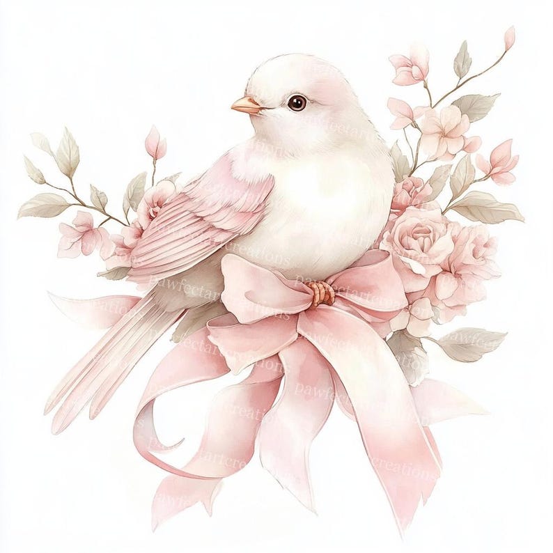 10 Bird with Pink Floral Clipart, Bird With Bow Clipart, Bird And Blossom, Printable Watercolor, High-Quality JPGs, Papercraft, Junk Journal