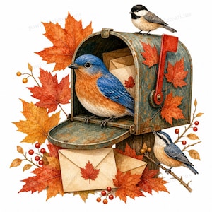 20 Maple Leaf Mailbox Birds Clipart, seasonal postal crafts, Watercolor JPGs, Digital Download, Commercial Use