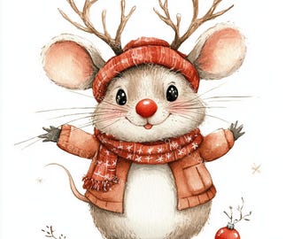 May include: A watercolor illustration of a cute mouse wearing a red hat and scarf with antlers. The mouse is smiling and has a red nose. The mouse is standing on a snowy background with a red Christmas ornament.