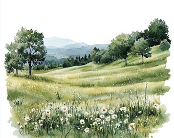 春の草原の水彩画クリップアート：風景イラスト（デジタルダウンロード