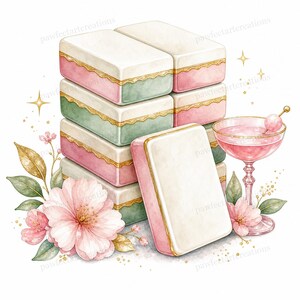 May include: Watercolor illustration of stacked rectangular boxes in pastel pink, green, and white with gold trim. A pink cocktail with a cherry garnish and pink flowers are also featured. The boxes have the text "pawfectartereations" on them.