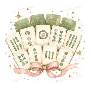 May include: Watercolor illustration of Mahjong tiles and green blocks arranged in a fan shape, tied with a pink ribbon. The tiles feature green and pink circular designs and lines. Gold glitter stars are scattered around the arrangement.