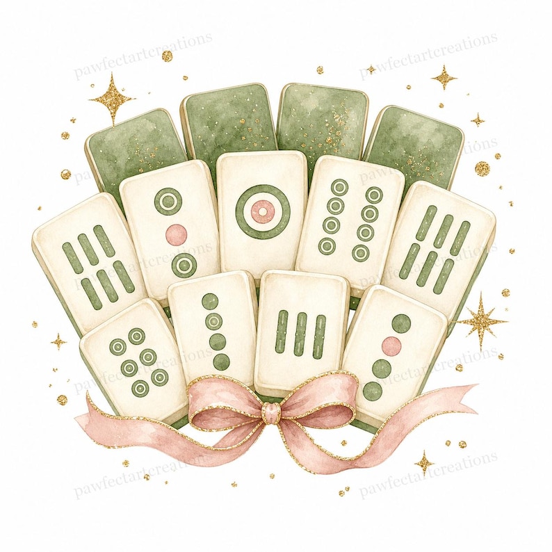 May include: Watercolor illustration of Mahjong tiles and green blocks arranged in a fan shape, tied with a pink ribbon. The tiles feature green and pink circular designs and lines. Gold glitter stars are scattered around the arrangement.