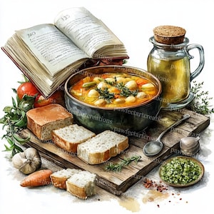 12 imágenes prediseñadas del libro de cocina de sopa de la abuela, imágenes prediseñadas de cocina, imágenes prediseñadas de comida, acuarela imprimible, archivos JPG de alta calidad, manualidades de papel, diario basura