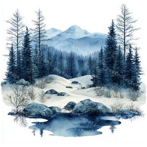 11 Clipart forêt hiver, paysage forestier, scène enneigée, clipart nature, aquarelle imprimable, fichiers JPG de haute qualité, créations en papier, journal indésirable