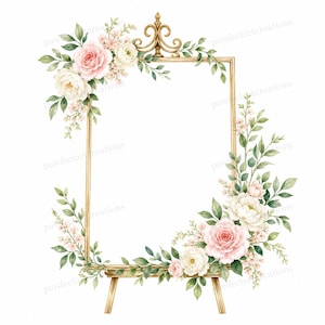 May include: A rectangular gold frame with an ornate top finial, supported by a small easel stand. The frame is decorated with watercolor-style pink and white roses, small light pink blossoms, and green leaves arranged at the top left and bottom right.