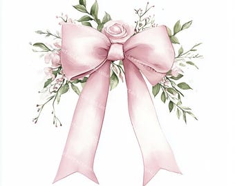 Clipart de lazo de cinta rosa coqueta: Diseño floral de boda en acuarela (Descarga digital)