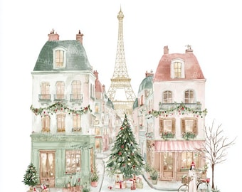 24 Christmas in Paris Clipart, Cute Paris Clipart, Paris Travel Art, , Printable Watercolor JPGs, Papercraft, Junk Journal
