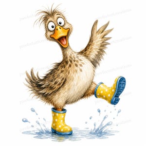 May include: Watercolor illustration of a cheerful duck wearing yellow rain boots with blue polka dots, splashing in a puddle. The duck has a surprised expression and is raising one wing.