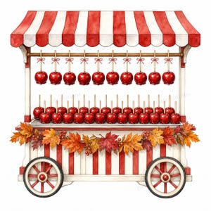 20 imágenes prediseñadas de carrito de manzanas acarameladas, puesto de manzanas acarameladas de Halloween, feria de otoño, JPG en acuarela, descarga digital, uso comercial.