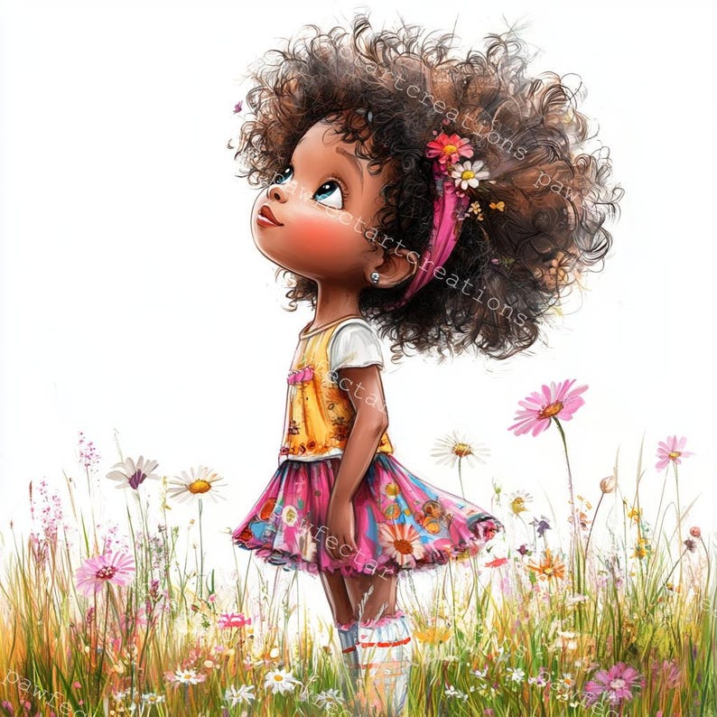 12 Quirky Black Girl With Flower Clipart, African Girl Clipart, Printable Watercolor, High-Quality JPGs, Junk Journal, Digital Craft