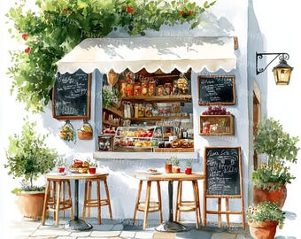 Italian Cafe Watercolor Clipart: Street Scene Art (Digital Download)