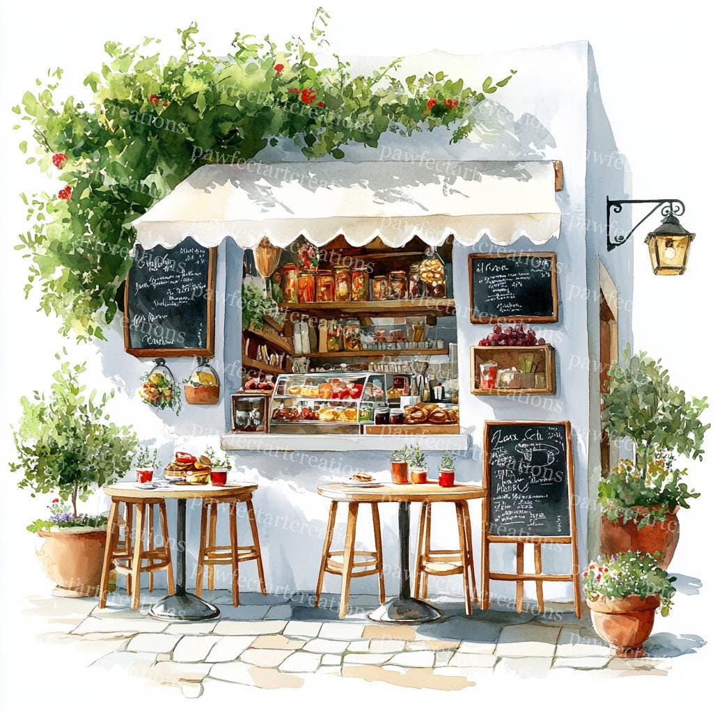 イタリアンカフェの水彩画クリップアート：ストリートシーンアート