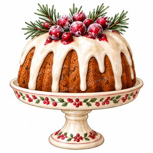 May include: A brown bundt cake topped with white icing, red cranberries, and green pine needles, resting on a cream-coloured pedestal cake stand decorated with a painted pattern of red holly berries and green leaves around the rim and base.