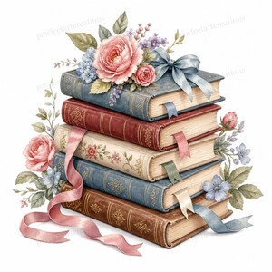 Pode incluir: Uma pilha de cinco livros de estilo vintage com lombadas douradas ornamentadas, decoradas com rosas cor-de-rosa, flores azuis e folhas verdes. Um laço de fita azul claro repousa sobre o livro superior e uma longa fita rosa entrelaça a pilha.