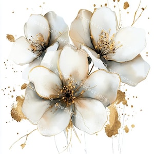 White and Gold Flower Clipart: Abstract Watercolor Wedding Designs (JPG Digital Download)